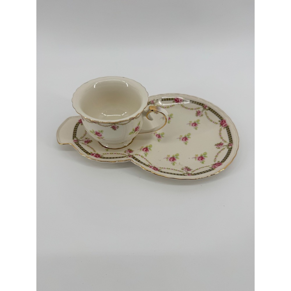 Gracie China Petite Fleur Snack Set Cup and Plate Pink Rose Gold Trim Porcelain